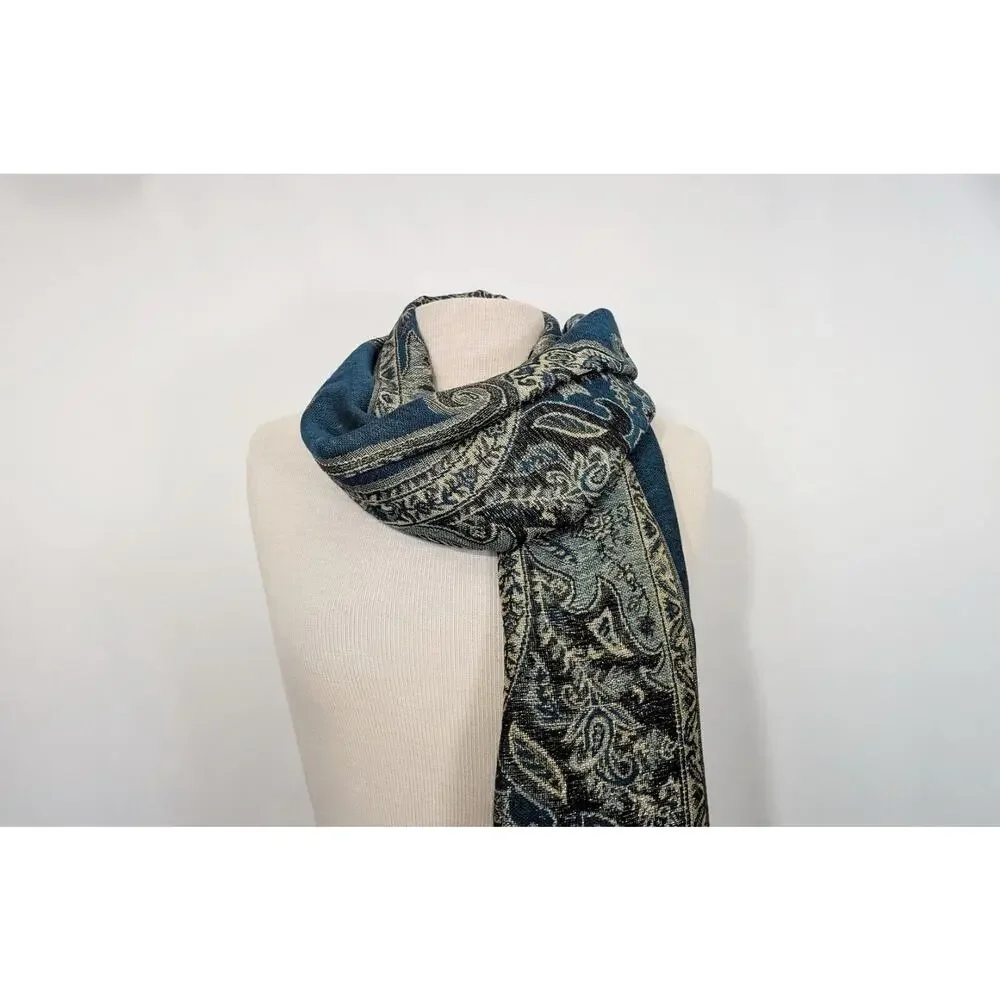 Teal Green Gold Metallic Brown Baroque Style Scarf 27 x 72 Inches
